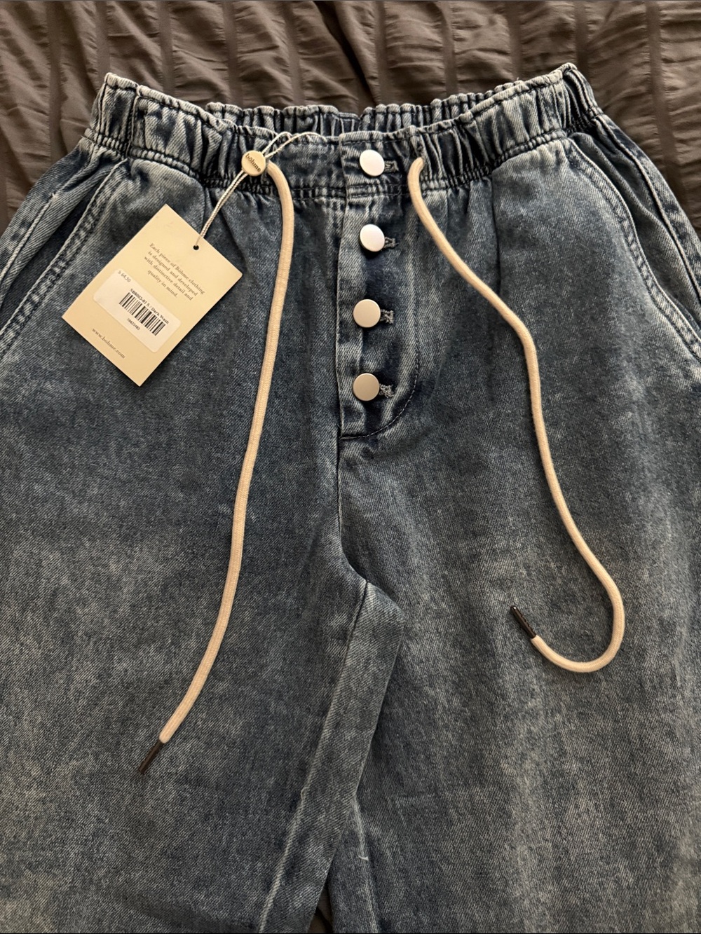 bohme Washed Blue Wide-Leg Jeans with Cream Drawstring
